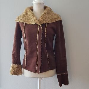Velvet Brown Teddy Jacket with tan Accents Faux Suede Women's Size Small